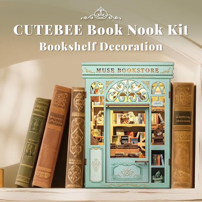 CUTEBEE DIY Book Nook Kit, Miniature House Kits for Adult and Teens, DIY Miniature Book Nook kit with Sensor Led Light, Gifts for Lovers and Family (Muse Bookstore)