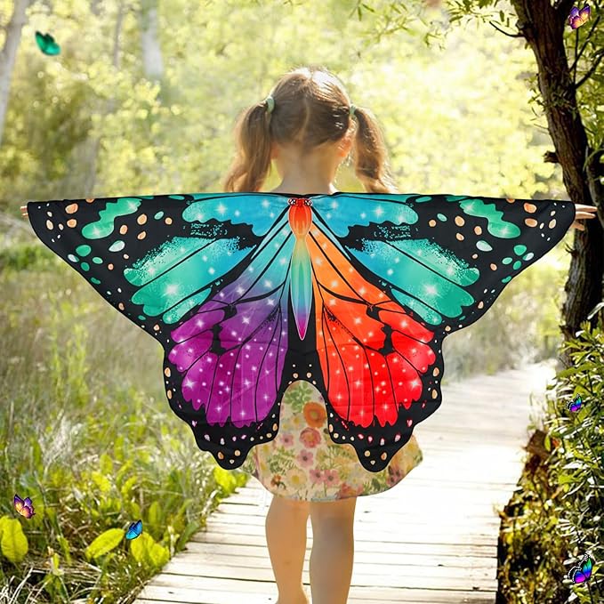 Butterfly Costume for Girls Fairy Wings Kids 4 Pcs(Cape,Skirts,Masks,Hair Clips) Butterfly Wings for Halloween Gifts