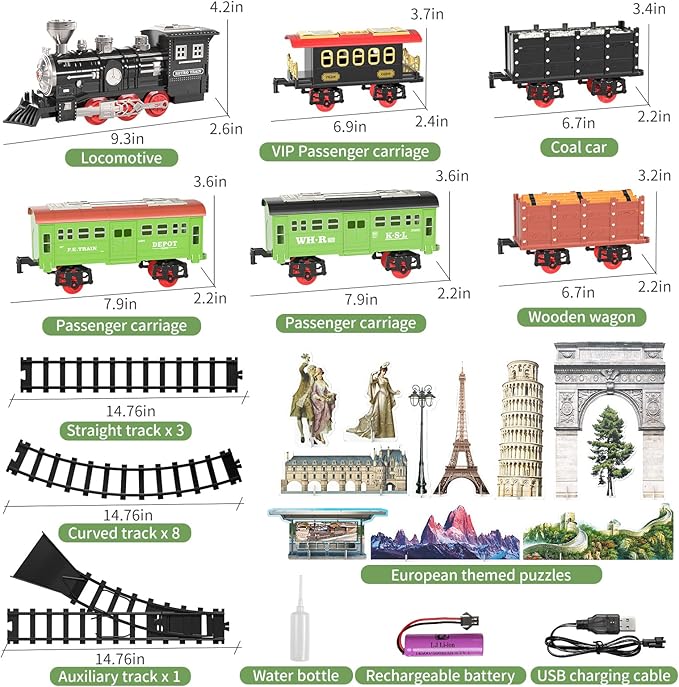 TEMI Large Train Set - Kids Electric Train Toy with 3 Way Smoke Locomotive, Light and Sounds, Cargo Cars and Long Tracks, Large Gift Train Set for Boys & Girls
