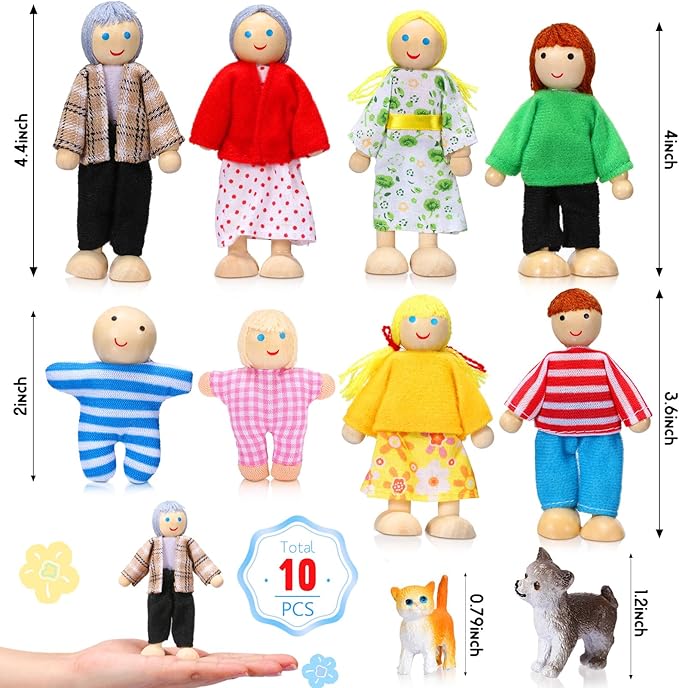 Skylety 10 Pcs Wooden Dollhouse Set of Mini People Figures Dollhouse Dolls Wooden Doll Play Figures Accessories(Bright Style)