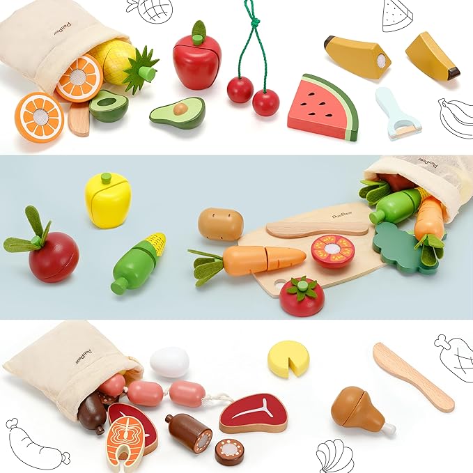 PairPear Wooden Toys Play Food Sets for Kids Kitchen, Kids Toy Food Cutting Vegetables Set for Toddlers 3+ Years Old, Pretend Food Play Kitchen Accessories for Girls and Boys