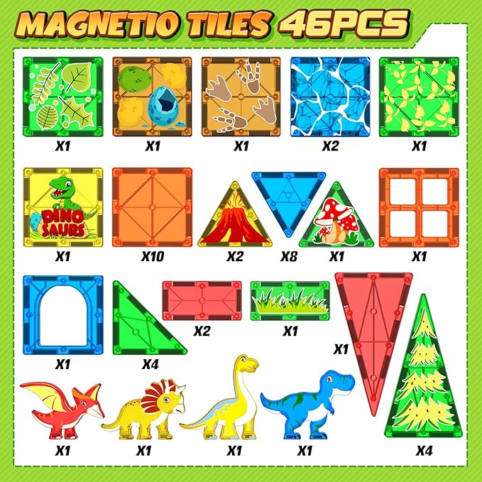 Magnetic Tiles Dinosaur Toys for Kids 3-5 4-8 Magnet Building Blocks Toddler Toy - Dino World Magnetic Toys STEM Creative Games Christmas Birthday Gifts for 3＋ Years Old Boys Girls