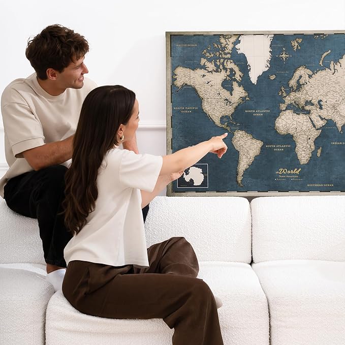 Canvas World Map with Cork Pin Board - English Lettering - Decorative Wall Decoration for All Rooms - Canvas Pictures with World Map Motif (120x80 cm, Pattern 18)