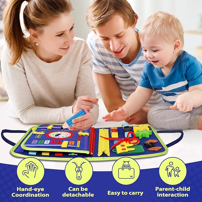MAJAVI Busy Board Montessori Toys for 1 2 3 4 Year Old, Busy Book for Toddlers 1-3 Boys Girls Birthday Gifts, Sensory Educational Activities Travel Toys for Learning Fine Motor Skills, Blue-3 Pages