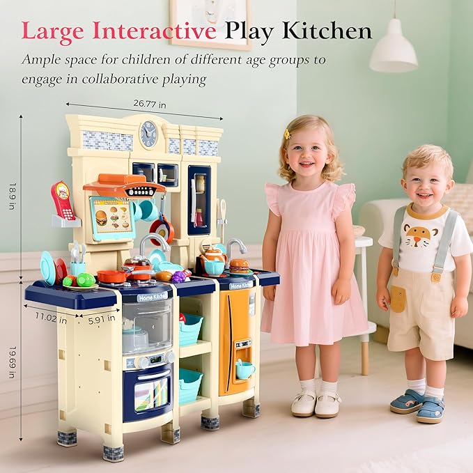 【2025 Upgraded】 Kitchen for Kids Interactive Play Kitchen for Kids Toddlers-Lightweight Easy-Install Pretend Kitchen with Tablet Ordering, Music, Lights Sounds, Steam Stove, Sink & Dishwasher(Blue)
