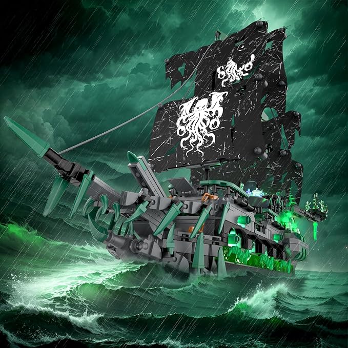 NUTCRACKER Pirate Ship Model Building Kits with LED Light, Ghost Ship Flying Dutchman Toy Building Set, Sailboat Model Home Easter Decor, Easter Birthday Gift for Adults Boys Girls（1100 Pieces）