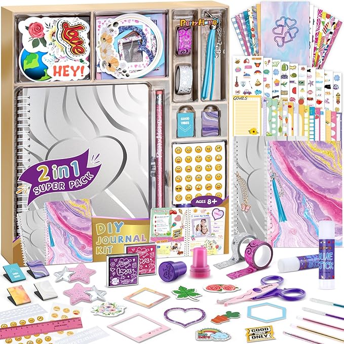 PERRYHOME 2-Pack DIY Journal Kit for Girls - 200+Pcs Journal Set for Teen & Tween Girls, Journaling Art & Crafts Kits, Scrapbook & Diary Supplies Set, Ideal Gifts for 8 9 10 11 12 13 14 Year Old Girl