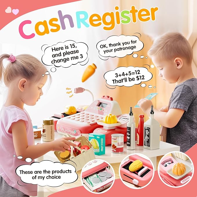 49PCS Pretend Play Cash Register Toy Set for Kids with Real Calculator,Scanner,Microphone,Conveyor Belt,Weighing Tool,Cashier Playset Realistic Gift for Toddler Kid Ages 3 4 5 6 7 8（Pink）
