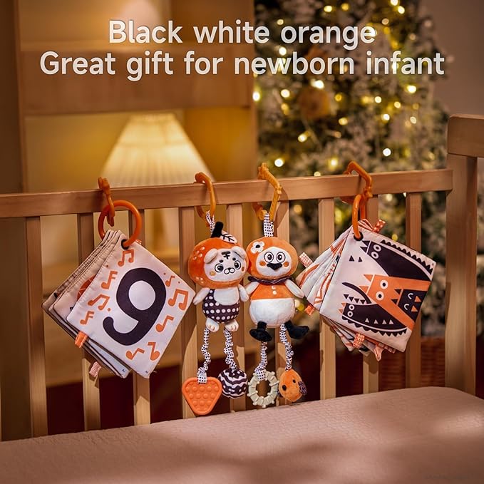 TUMAMA KIDS Black and White Baby Toys, High Contrast Rattle Toy & Soft Book Set,Hanging Toys for Baby Gym,Car Seat Toys for Babies,Early Educational Toys for Infant Babies 0 3 6 9 12 Month