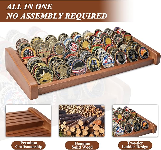 Challenge Coin Display Holder, 8 Rows Solid Wood Military Coin Stand Holds 60-70 Coins, Army Coin Display Rack for Desk (Walnut Finish)