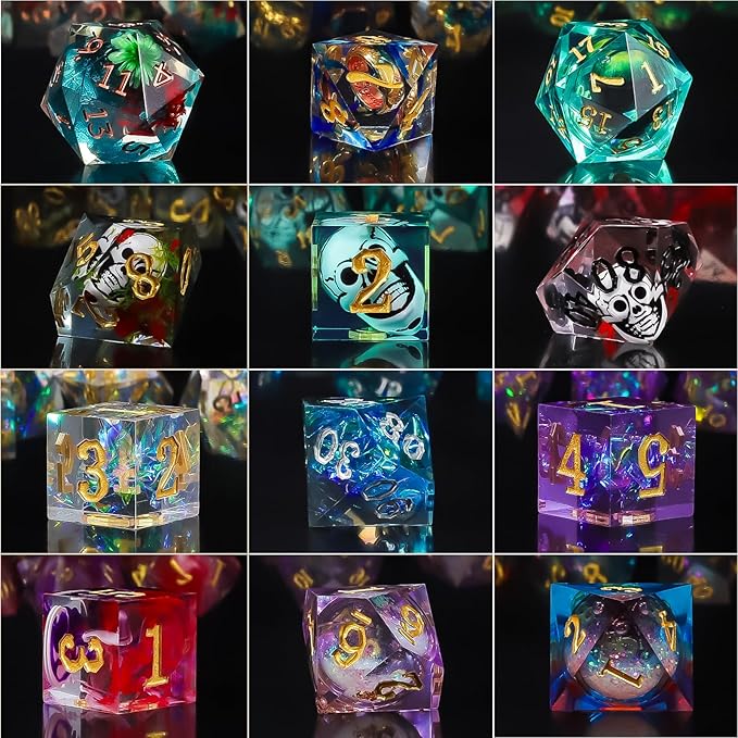 QMAY Resin Mystery Dice Set, 7 Pcs Handmade Sharp Edge Polyhedral Dice, Random Various Styles DND Dice & Dice Bag, DND Gifts, Suitable for Dungeons and Dragons, RPG, MTG,Role Playing Table Game