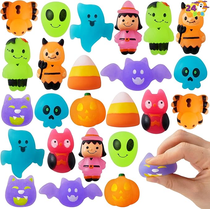 JOYIN 24 PCS Halloween Squishy Mochi Toys, Glow in The Dark Stress Relief Mochi for Halloween Party Favor Decoration, Halloween Goodie Bag Fillers, Kids Birthday Gifts