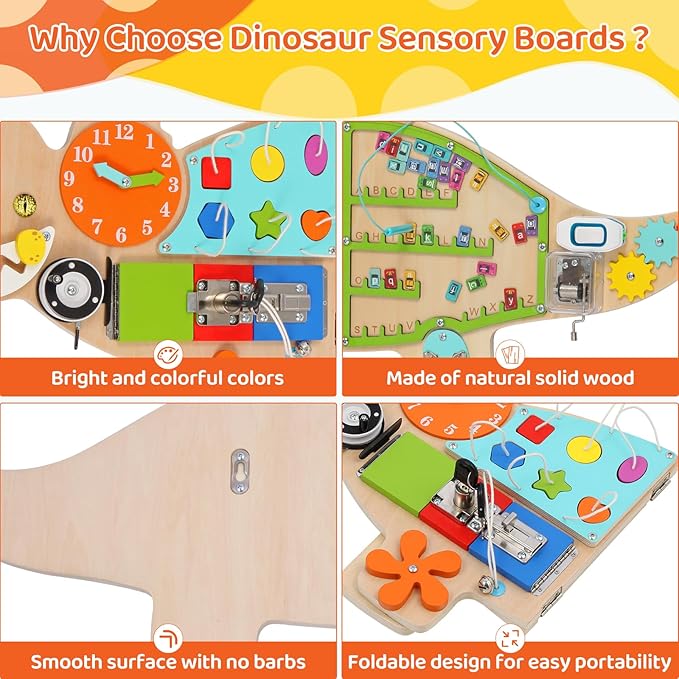 Dinosaur Activity Wall Busy Board Panels, 11-in-1 Montessori Sensory Wall Panel for Kids, Toddler Learning Activity Center, Perfect for Playroom Daycare Nursery Classroom