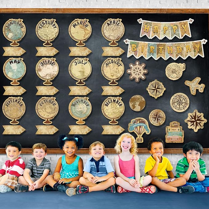 Pajean Travel The Map Bulletin Board Set Globes Happy Birthday Bulletin Board Decor Travel Calendar Wall Decorations for Calendars Classroom School Decor