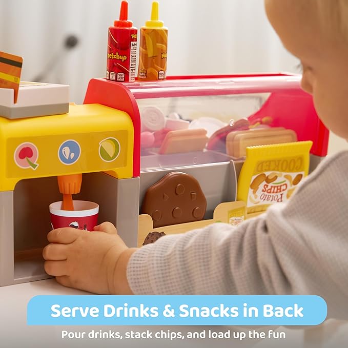 Play Restaurant Toy and Pretend Play Food for Kids, Play Kitchen Accessories Include Sandwich Maker Toy with Slicer for Ham, Menu and Ingredients, Food Toy for 3 4 5 6 Year Old Girls Birthday Gift