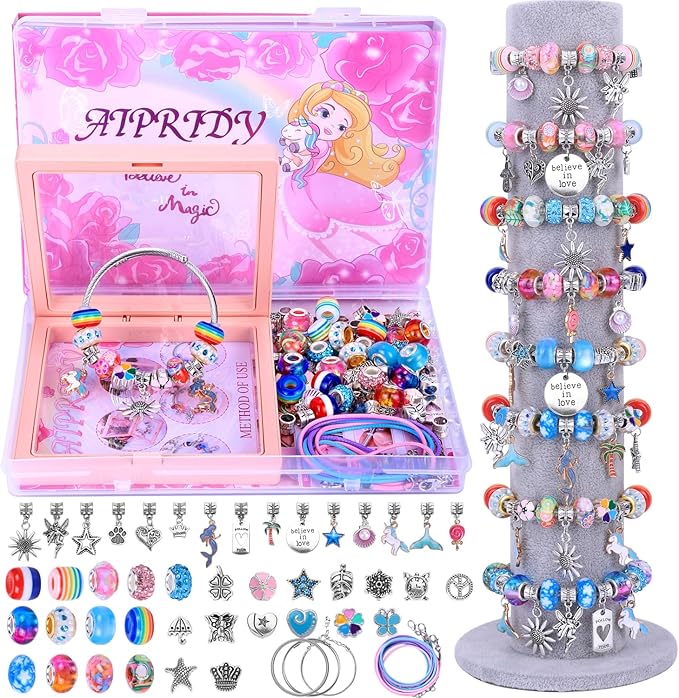 AIPRIDY Charm Bracelet Making Kit,Unicorn Mermaid Crafts Gifts Set Can Inspires Imagination and Creativity,Jewelry Making Kit Perfect Gifts for Girls 5-12 Years Old (72 Pieces Rose)