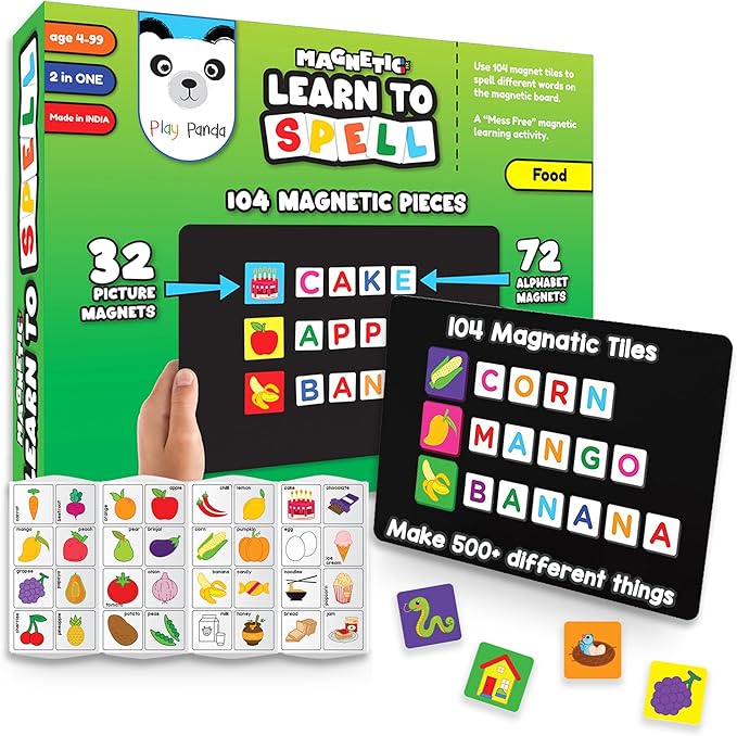 Magnetic Educational Toys for Kids Aged 3 4 5 6 – Learn to Spell Foods| 104 Magnet Pieces – 32 Picture & 72 Letter with Magnetic Board & Spelling Game Guide | Preschool Learning Toy for Girls & Boys