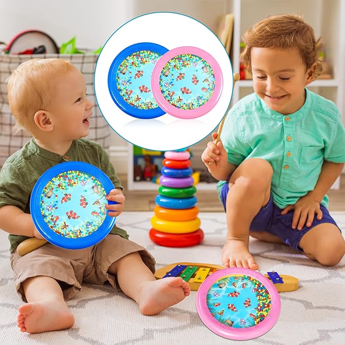 2 Pcs Ocean Drum Wave Bead Ocean Sound Drum Gentle Sea Sound Music Gift Educational Sea Tool Percussion Instruments, Pink and Blue, 7 Inch 8 Inch