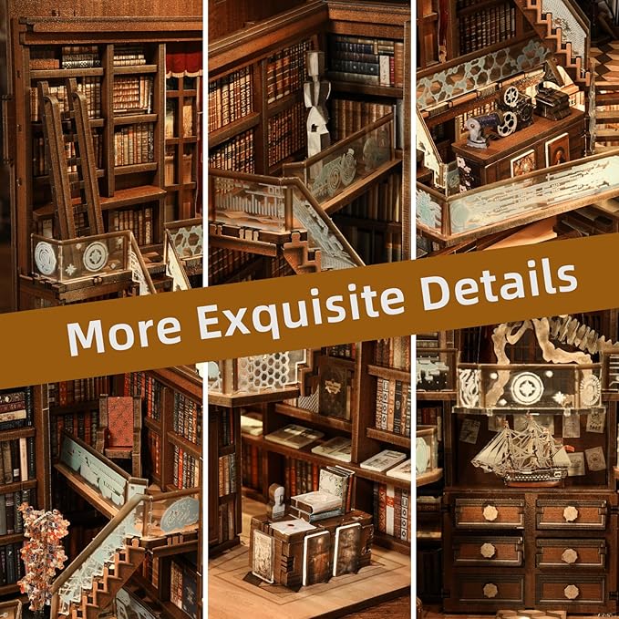 Book Nook Kit, DIY Miniature Dollhouse Booknook Kit, 3D Wooden Puzzle Bookend Bookshelf Insert Decor with LED Light for Teens and Adults (Beyond Library Max)