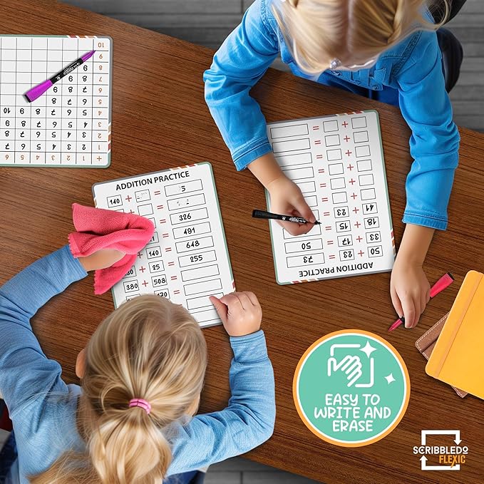 SCRIBBLEDO Addition Math Practice 9”x12” Small White Board Dry Erase Sheets Math Manipulatives 1st Grade Addition Math Homeschool Supplies Teacher Students Classroom Pack of 10 Sheets