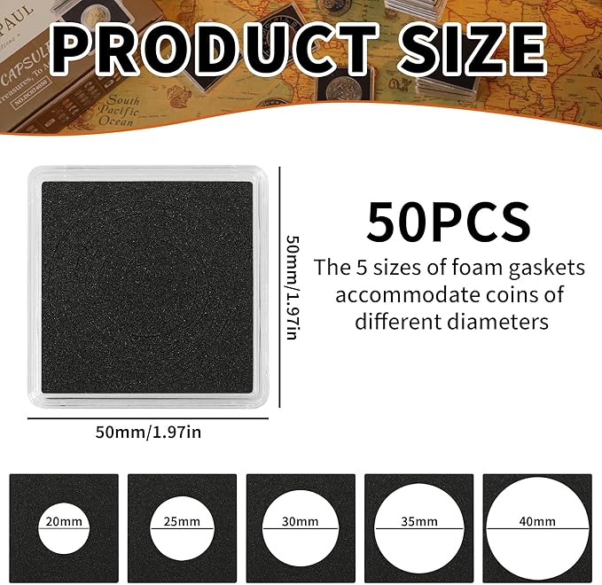 Uncle Paul 50 PCS Coin Capsules, Coin Snap Holders with 5 Sizes Black Gaskets 20/25/30/35/40mm, Clear Coin Cases for Coin Collection Supplies Silver Dollar Pounds Cents