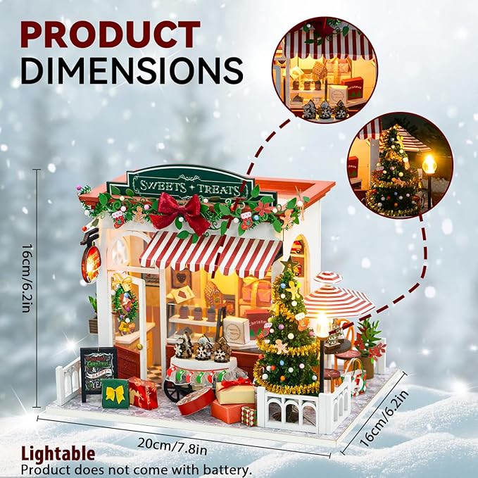 Christmas Miniature Dollhouse Kits, DIY Miniature House Kit, Tiny House with LED, Christmas Village Houses Set, 3D Wooden Puzzle Mini House, Gift for Adults