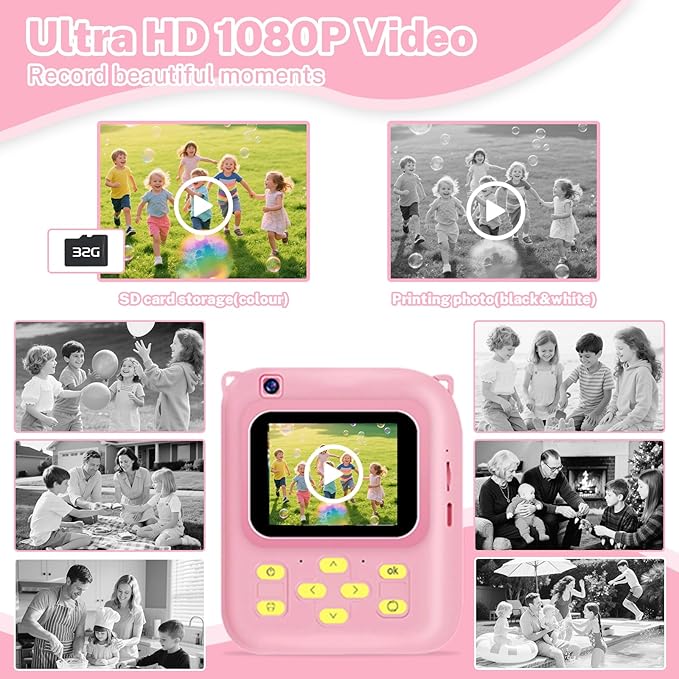 Instant Print Camera for Kids, 1080P Video Camera with 3 Print Rolls, 32GB Card & Cute Cover, Gift for Girls Boys Age 3-12, Toddler Digital Camera with Games, Filters, Music – Pink