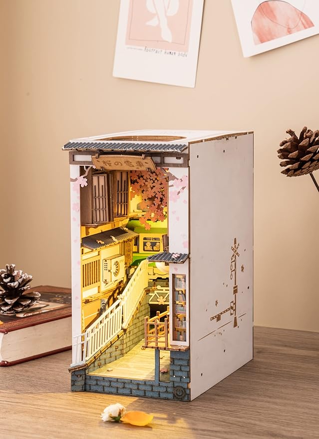 ROBOTIME DIY Book Nook Kit DIY Miniature Dollhouse Booknook Kit 3D Wooden Puzzle with LED Light,Decorative Bookend Bookshelf Insert Decor for Teens and Adults (Sakura Tram)