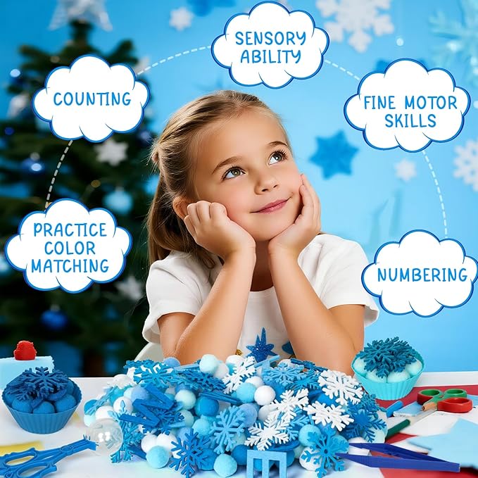 212 Pcs Winter Sensory Bin Items Hello Winter Snowflake Counting Sorting Sensory Bin Filler Fine Motor Toys Snowflake Counts Winter Xmas Counting Toys for Preschool Education Activities
