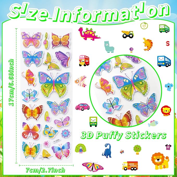 36 Sheets Mixed Stickers for Kids - 900+ 3D Puffy Stickers Variety Pack | Animals, Vehicles, Food, Letters, Dinosaurs | Reusable, Waterproof | Crafts, Scrapbooking, Gifts