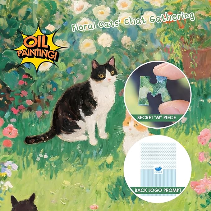 MOMIBOOK Puzzles for Adults 1000 Pieces Jigsaw Puzzles of Floral Cats' Chat Gathering, Oil Painting Image Difficult Challenging Hard Impossible Puzzle Unique Funny Party Christmas Birthday Gifts