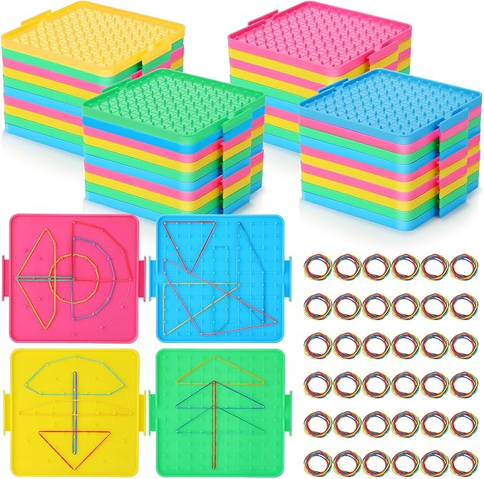 Lenwen 40 Pcs Double Sided Geoboard Math Manipulatives Geoboard with Rubber Bands 6.3 Inch Plastic Educational Graphical Toy for Learning Creativity