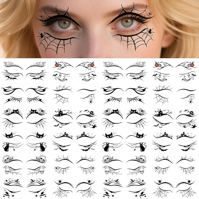 24pcs Halloween Face Temporary Tattoo, Upper & Lower Lash Designs Waterproof Fake Tattoos Stickers with Spooky Motifs for Men & Women Stage & Festive Looks & Cosplay Party Realistic Face Makeup