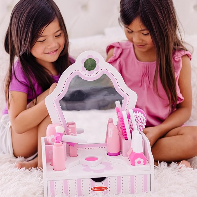 Melissa & Doug Wooden Beauty Salon Play Set, 18-Piece Vanity with Pretend Play Toys, Makeup, Mirror, Accessories & More, Preschool Toys for Girls & Boys Ages 3+ - FSC Certified