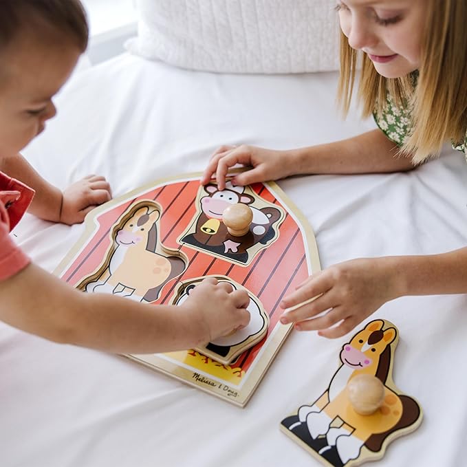 Melissa & Doug Barnyard Animals Jumbo Knob Puzzle, Wooden Peg Puzzle for Toddlers, Educational Toy for Shape Recognition and Fine Motor Skills, Ages 1+