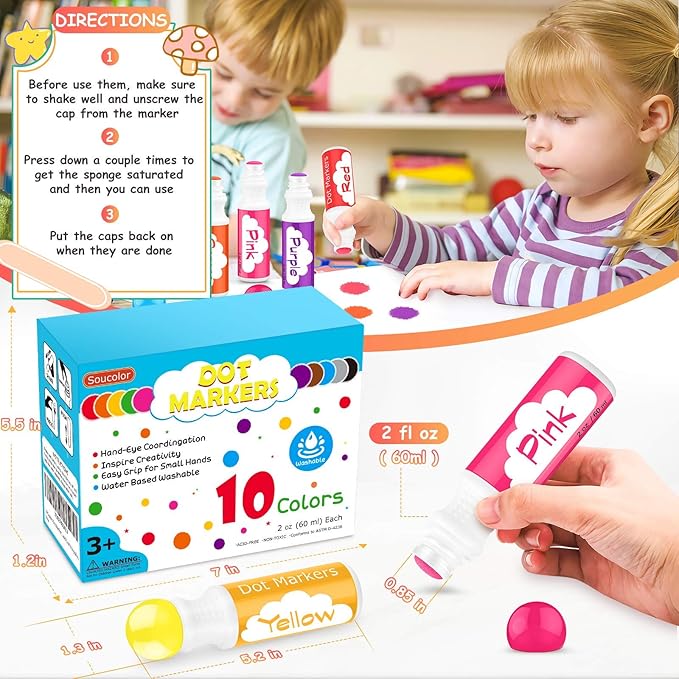 Soucolor Washable Dot Markers for Toddlers Kids Preschool, 10 Colors 2 oz Bingo Daubers Paint Markers Set with 48 Pages Tearable Activity Book for Toddler Arts and Crafts Kits Supplies, Water-Based