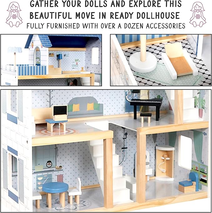 Lil' Jumbl Kids Wooden Dollhouse, 17-Piece Accessories & Furniture are Included, with Balcony & Stairs, 3 Story Easy to Assemble Doll House Toy - Blue