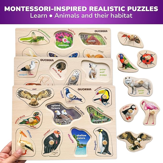 QUOKKA Wooden Puzzles for Toddlers 1-3 - 8 Montessori Toddler Puzzles Ages 2-4 in a Rack - Learning Alphabet Numbers Animals Toy for Kids 3-5 - Wood Games Gift for Boys and Girls