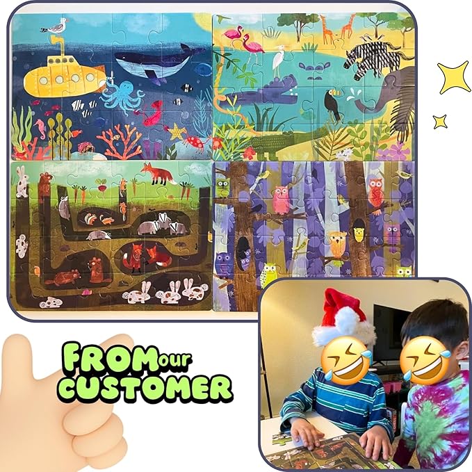 4 Pack Puzzles for Kids Ages 3-5, 4-Difficulty-Level Puzzle with 12 16 24 32 PCS, Color-Zones on Back, 4-in-1 Progressive Animals World Jigsaw Toy Gift for Age 3 4 5 6 Year Old Boys Girls