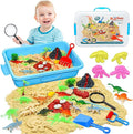 Pakimio Dinosaur Sensory Bin with Lid, 2.64lbs Magic Sand, Dino Figures & Skeletons, Archaeology & Sand Tools, Scenic Elements, Play Sand Kit Dinosaur Toys for 3 4 5 6 7 8+ Year Old Boy Birthday Gift