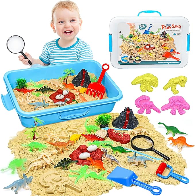 Pakimio Dinosaur Sensory Bin with Lid, 2.64lbs Magic Sand, Dino Figures & Skeletons, Archaeology & Sand Tools, Scenic Elements, Play Sand Kit Dinosaur Toys for 3 4 5 6 7 8+ Year Old Boy Birthday Gift