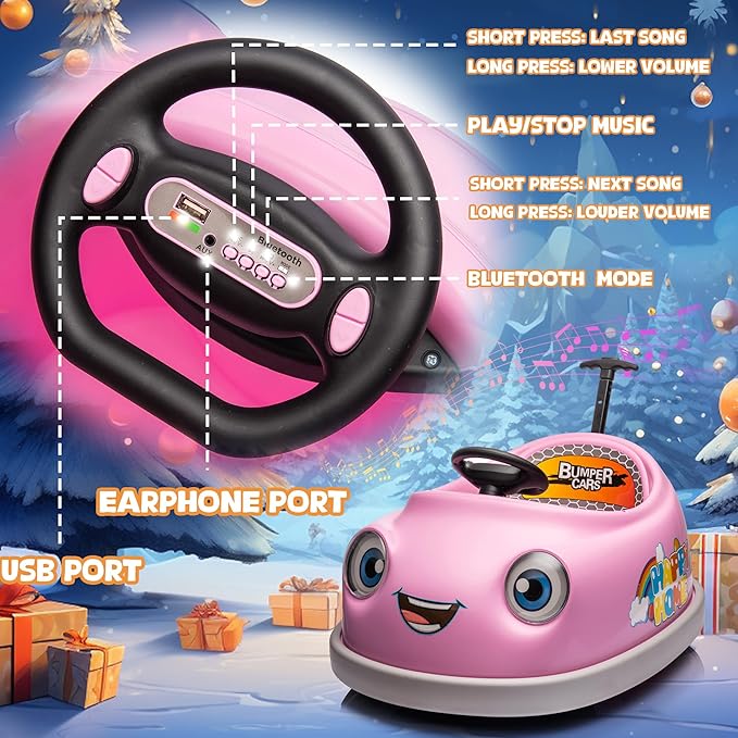 12V Dual Battery Electric Ride on Kids Bumper Car w/Remote Control,360 Degree Spin,Push Rod Rocker Horse Function,3-Speeds Babies & Toddlers Bumping Car Ride on Toy Gift for 1-4 Years Children (Pink)