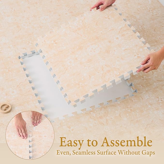 PopsyKosy Super 1 Inch Thick Premium Quality Exercise & Baby Foam Play Mats - Expandable & Large Non-Toxic Odorless Floor Mat - 6 Tiles Spacious 6x4ft - Peel-Resistant - Light Apricot