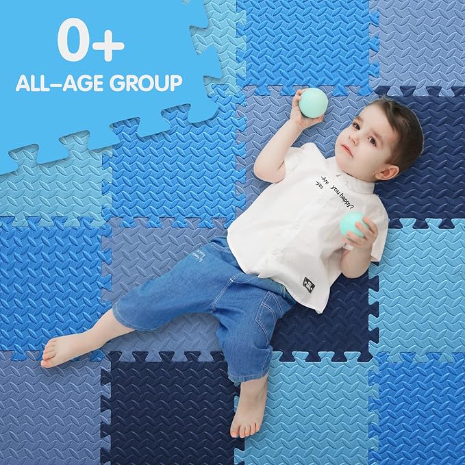 16 Tiles Foam Play Mat for Baby, Soft & Safe EVA Foam Mats for Floor, Square Baby Play Mat, Kids Foam Puzzle Floor Mat, 47x47 Play Mat for Playpen(Dark Blue/Gray Blue/Light Blue/Blue)