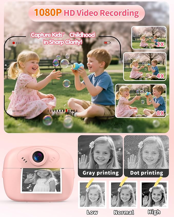 Kids Instant Print Camera,1080P Video Instant Digital Camera for Kids, Christmas Birthday Gift for Girls and Boys Age 3 4 5 6 7 8 9 10, Toy Camera with 32GB SD Card,Christmas Stocking Stuffers, Pink