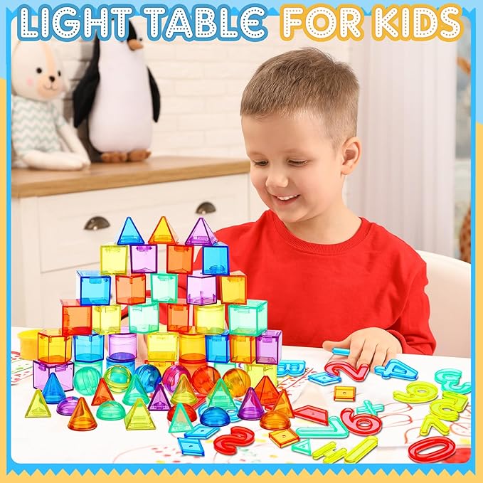 LED Light Panel for Kids and 268 Pcs Translucent Pattern Blocks Geometric Solids Colorful Plastic Letters and Numbers for Kids Sensory Play Exploration Counting Spelling Supplies