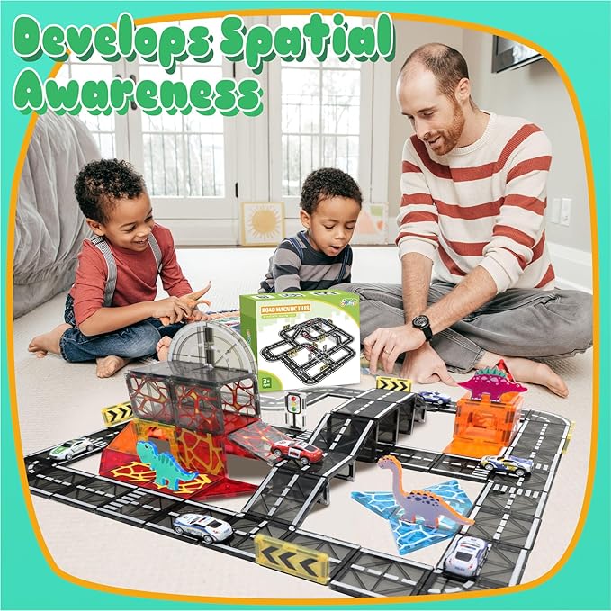 Magnetic Tiles Road Set with Pullback Car, Magnetic Tiles for Kids Ages 3-5 4-8, Magnet Building Tile for Toddler Kids Boys Girls, Creative STEM Building Toy & Learning Educational Magnet Toys