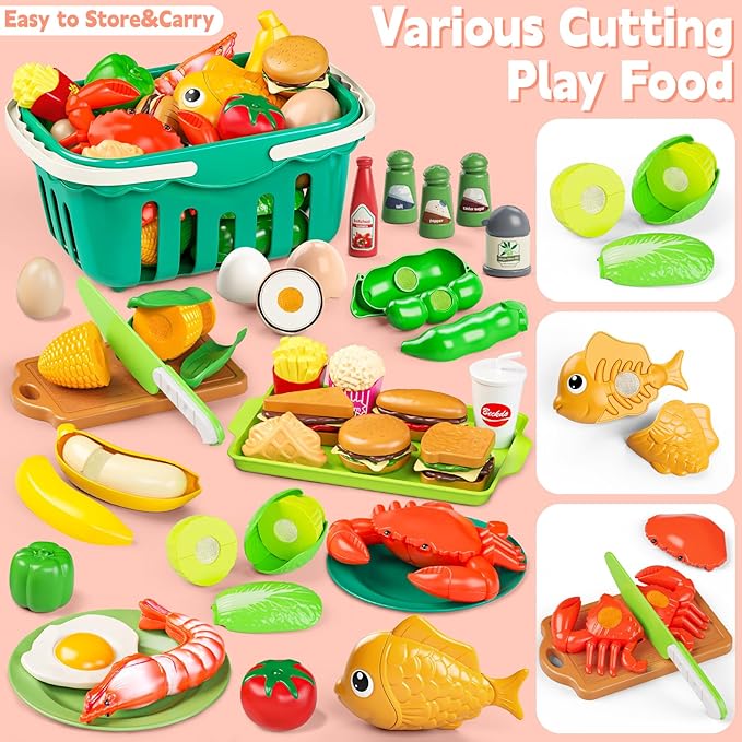 Toy Play Food, Play Kitchen Accessories, Kitchen Playset, Pretend Cooking Play Pots, Pans, Utensils Cookware, Cutting Fun Fruits Veggies, Shopping Storage Basket, Prop Money, Gifts for Kids, 168 Pcs