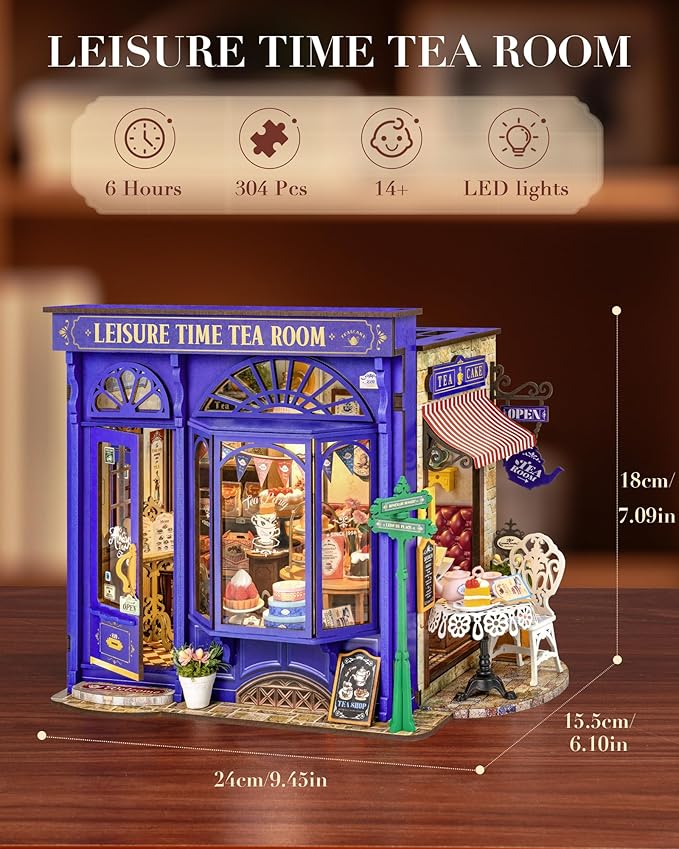 ROBOTIME DIY Miniature House Kit, Bakery Diorama House, Tiny House Kit for Adults, Mini Dollhouse Kit with Furniture Birthday Christmas Craft Hobbies Gift for Family/Friends (Leisure Time Tea Room)
