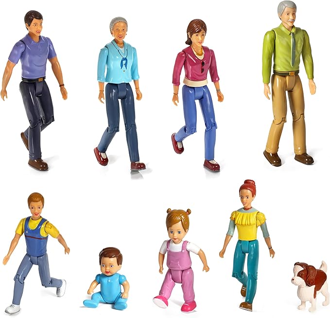 Beverly Hills Doll Collection Sweet Lil Family Friends Figures - New Addition Set of 9 Dollhouse People - Grandma, Grandpa, Mom, Dad, Sister, Brother, Toddler, Baby and Dog